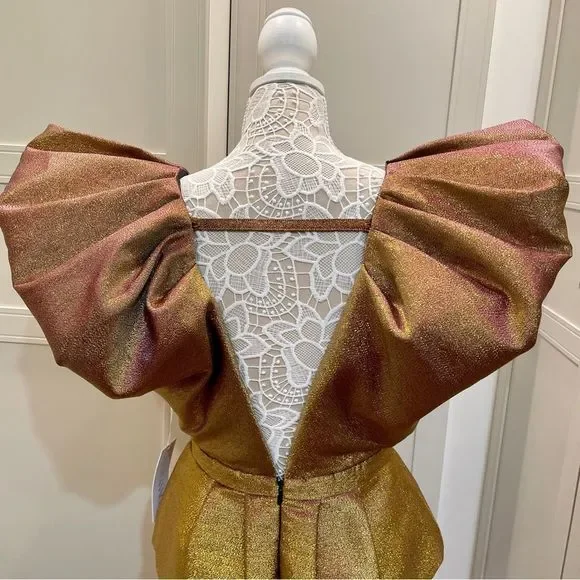 RONNY KOBO Calin Metallic Puffed Shoulders Iridescent Lame Tiered Mini Dress NWT - Picture 12 of 16